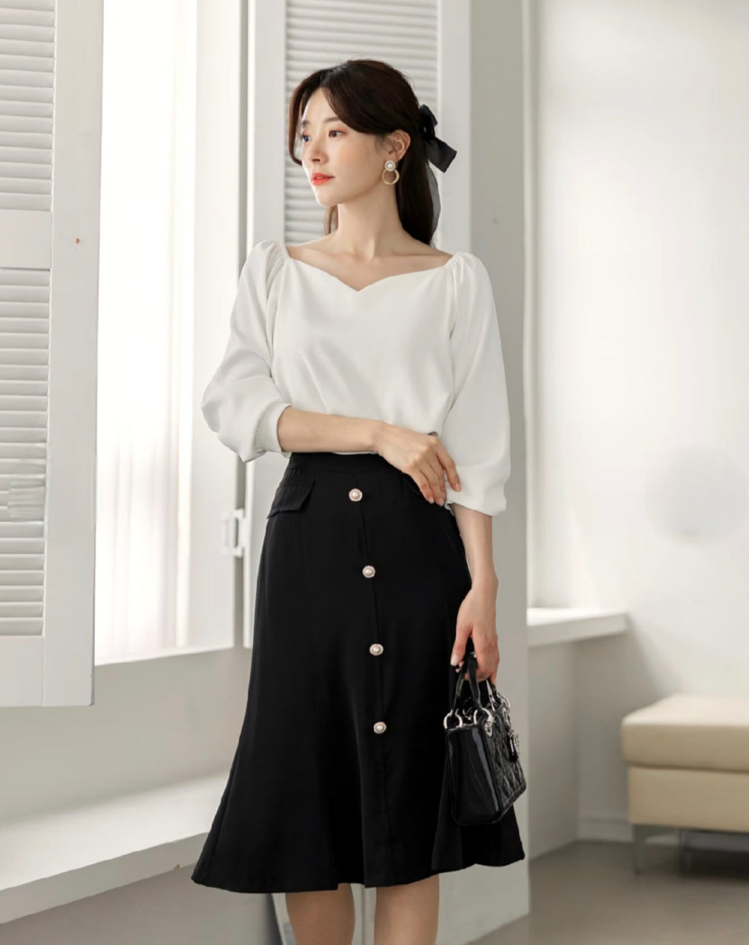 Heart-Neck Crepe Top with Long Sleeves-2