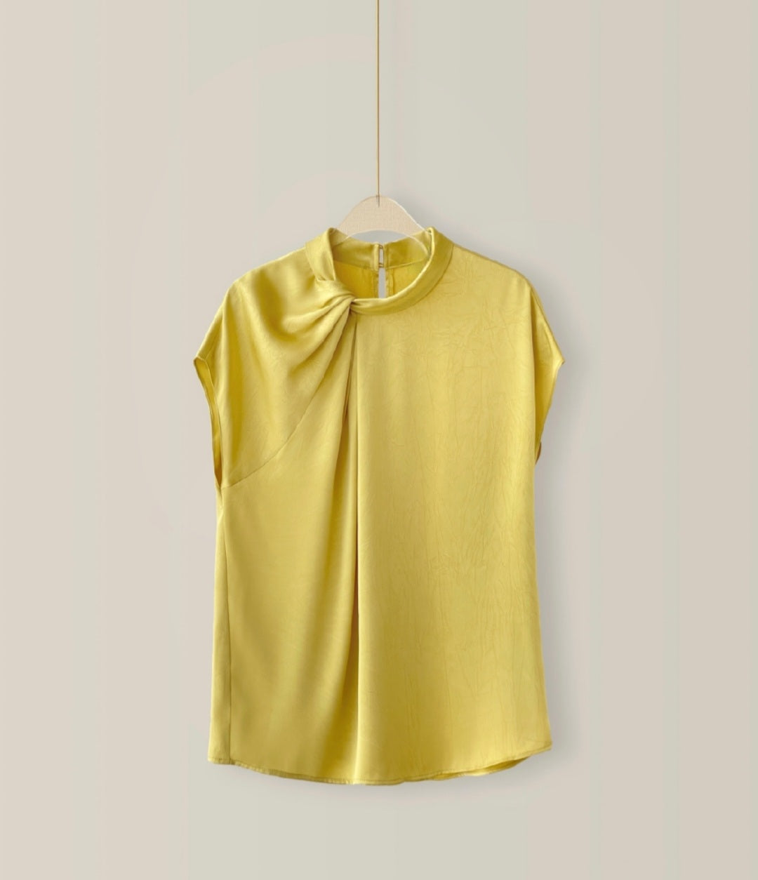 Pleated Short Sleeve Satin Top with Neck Detail-2