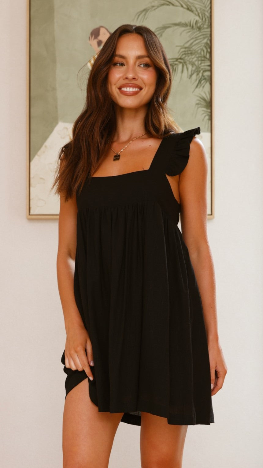 Black Cotton Ruffle Strap Mini Dress-4