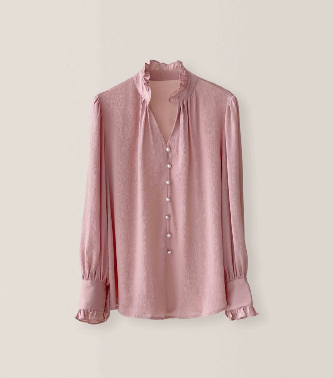 Frilled Chiffon Long Sleeve Top with Pearl Buttons-0