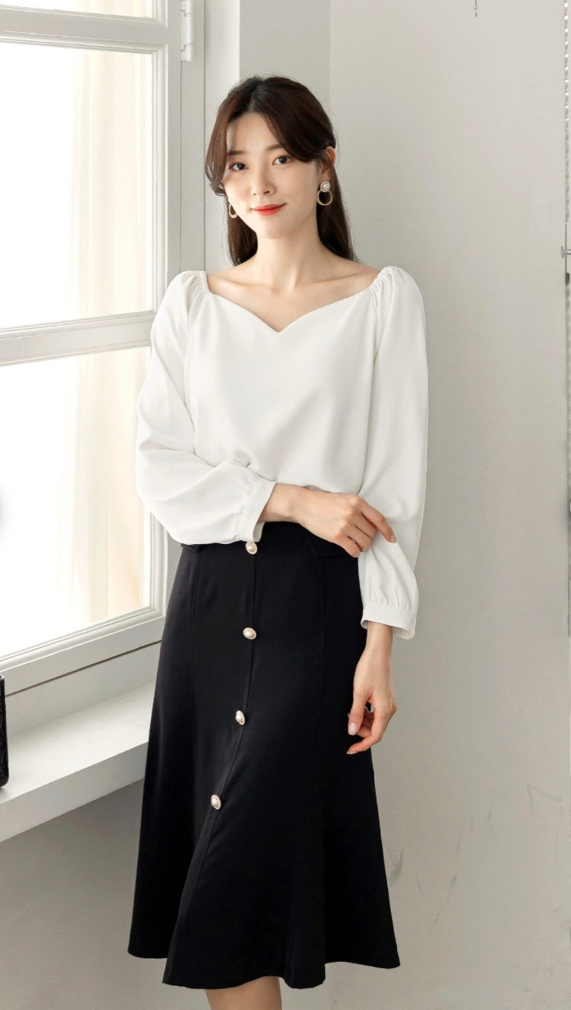 Heart-Neck Crepe Top with Long Sleeves-0