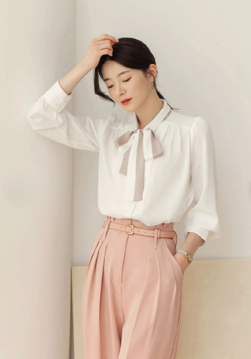 Crepe Tie-Up Shirt with Long Sleeves-1