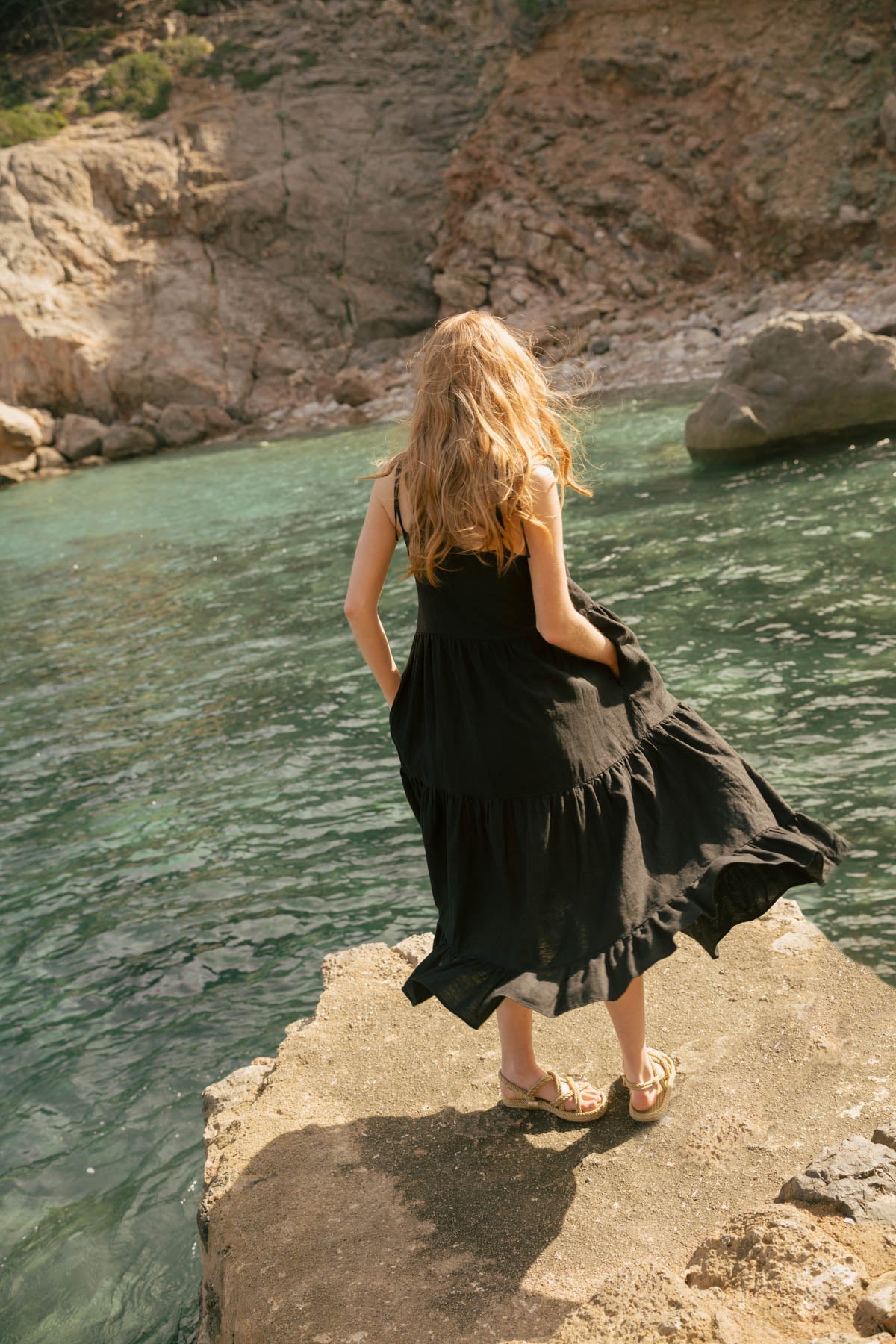 Black Linen Maxi Dress with Tie Straps (syncee)-2