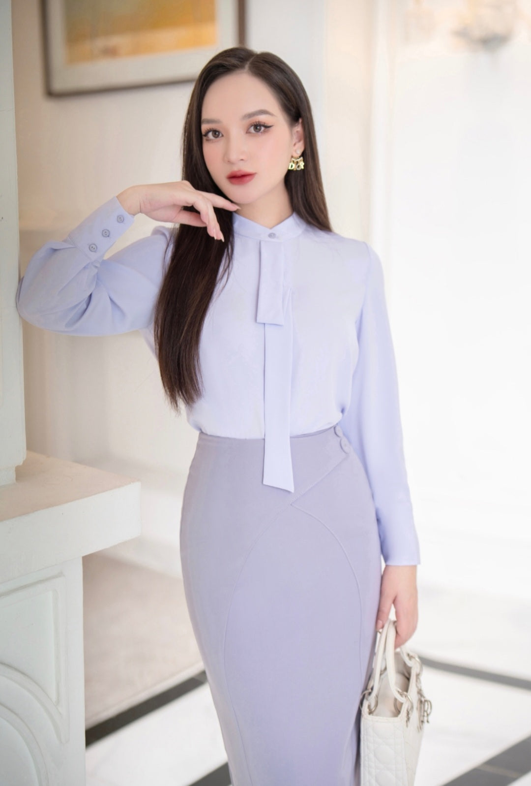 Tie-Neck Statement Blouse with Gathered Cuffs-0