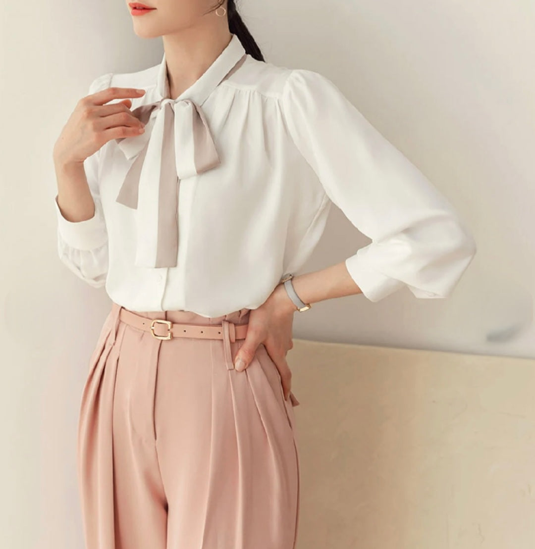Crepe Tie-Up Shirt with Long Sleeves-2