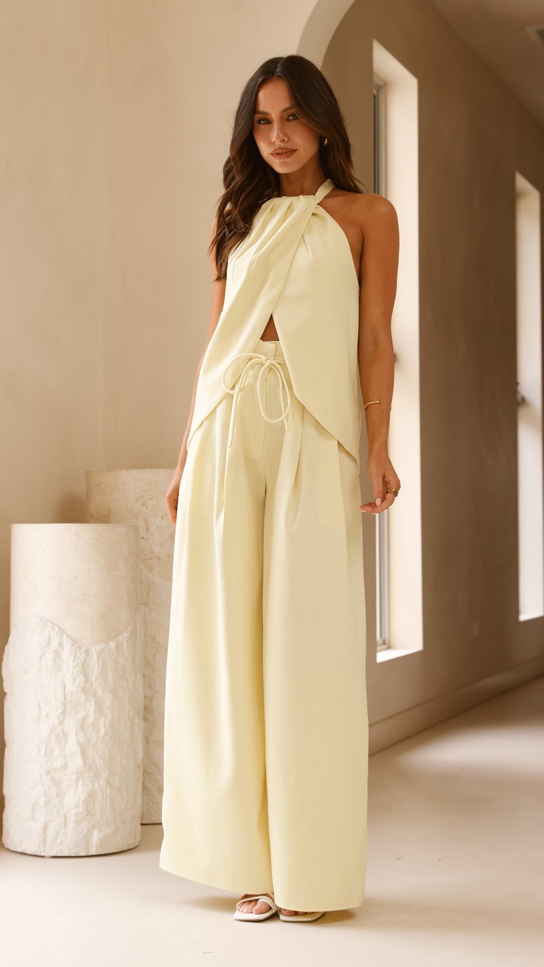 Midnight Drape Halter Top in Butter Yellow Crepe-2