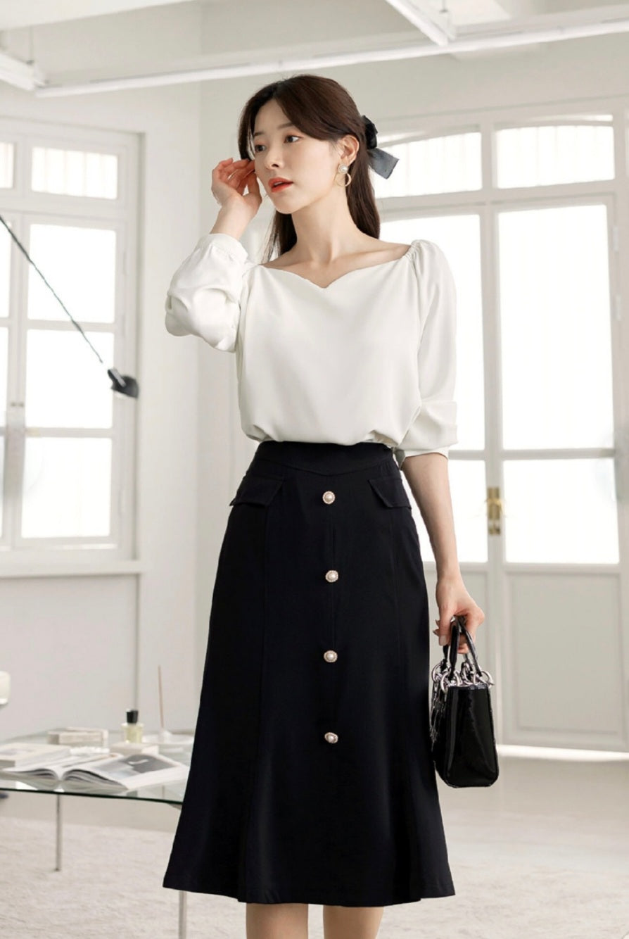 Heart-Neck Crepe Top with Long Sleeves-3