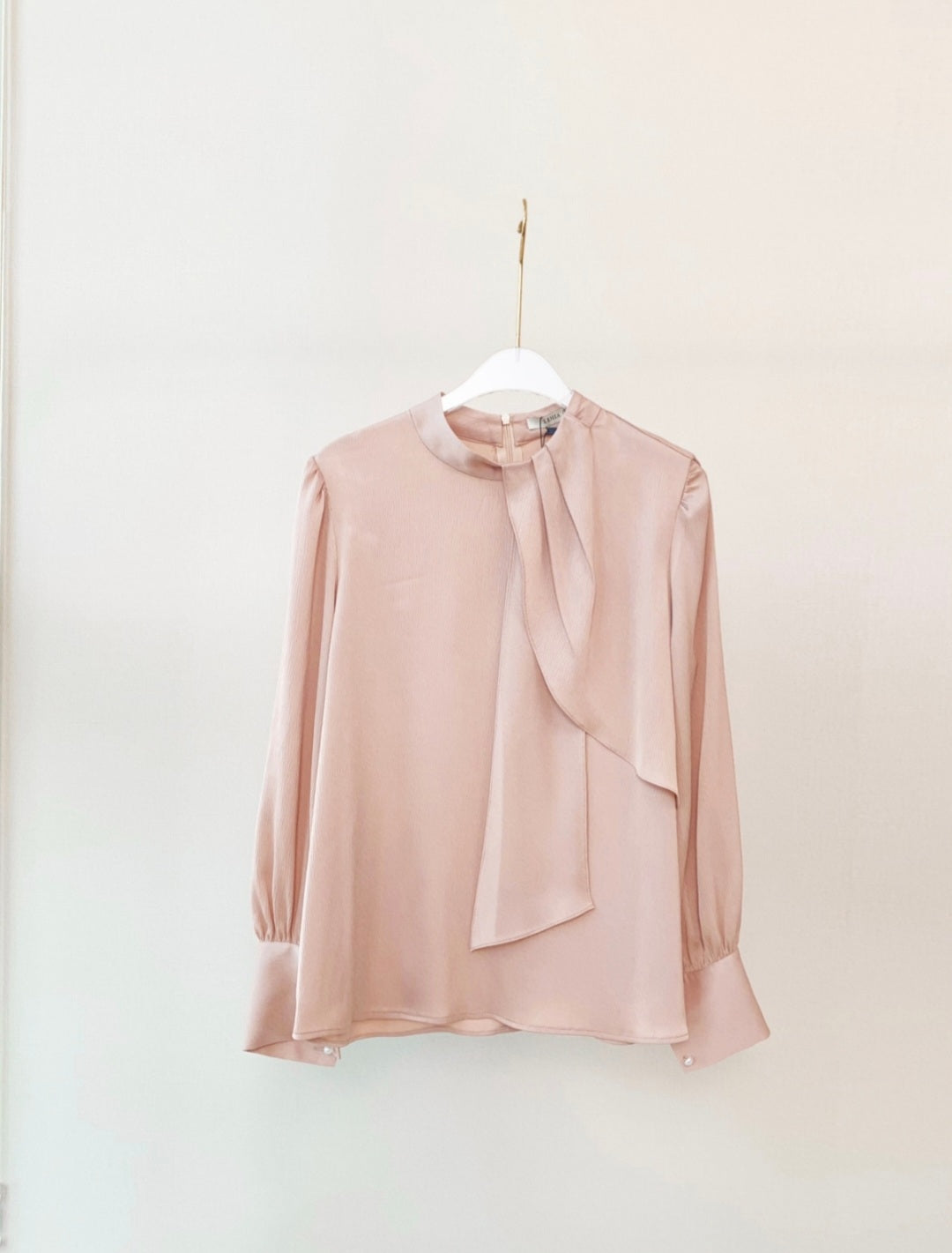 High Collared Satin Top with Tie-Up and Pearl Buttons-2