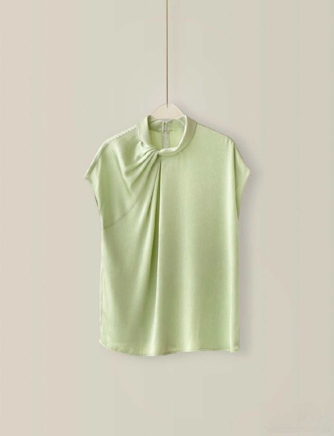 Pleated Short Sleeve Satin Top with Neck Detail-3