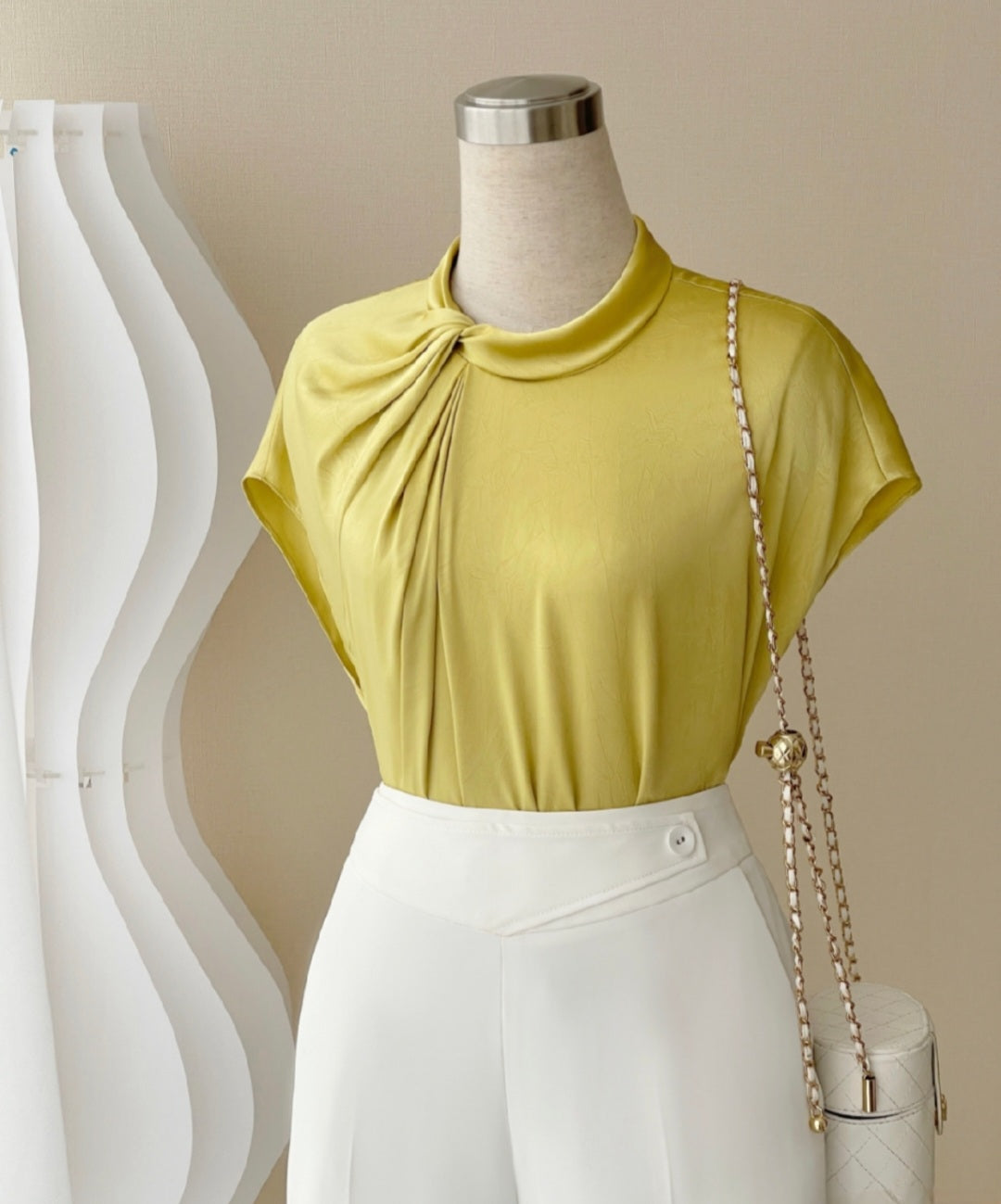 Pleated Short Sleeve Satin Top with Neck Detail-0
