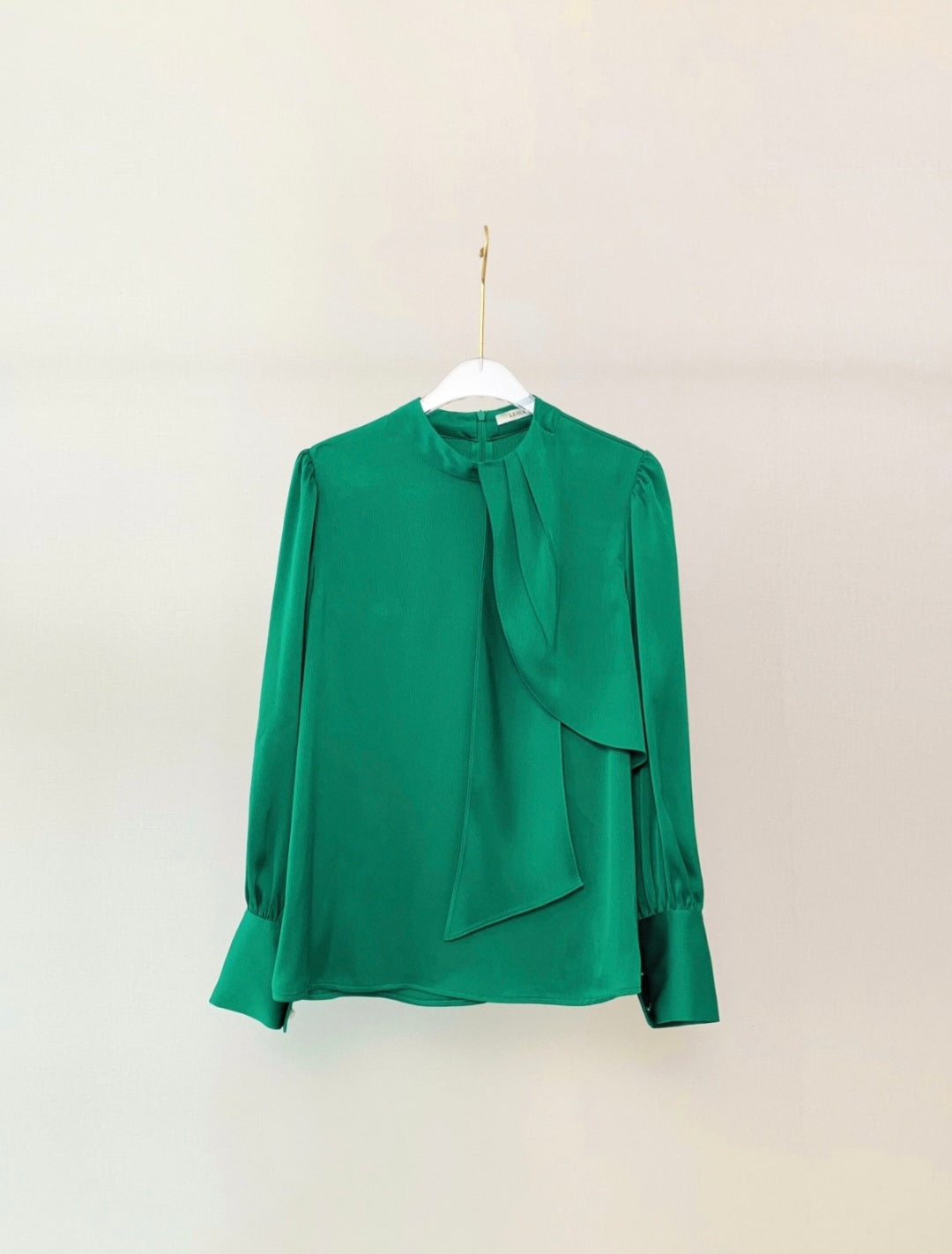 High Collared Satin Top with Tie-Up and Pearl Buttons-3
