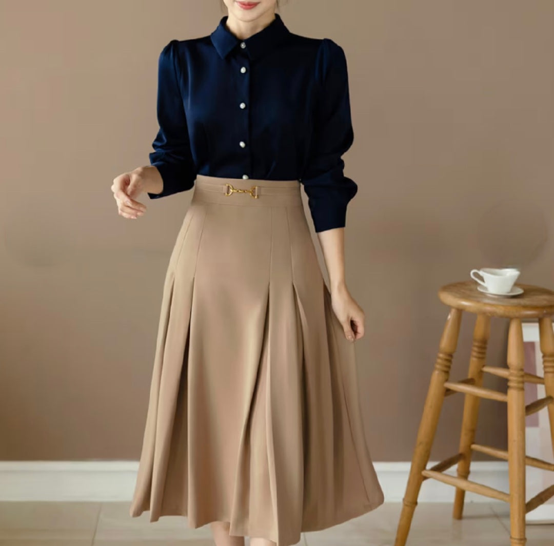 Pearl Button Long Sleeve Shirt with Puffed Sleeves-1