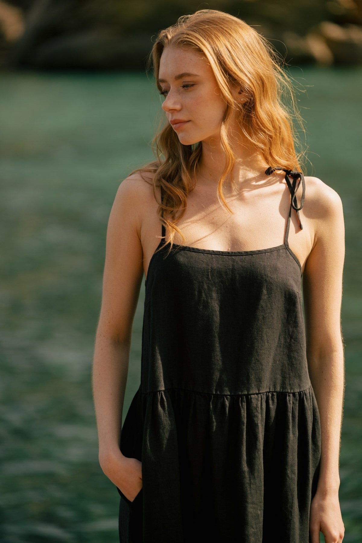 Black Linen Maxi Dress with Tie Straps (syncee)-1