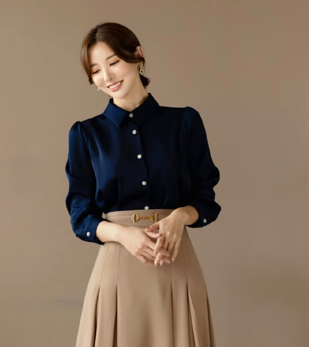 Pearl Button Long Sleeve Shirt with Puffed Sleeves-4