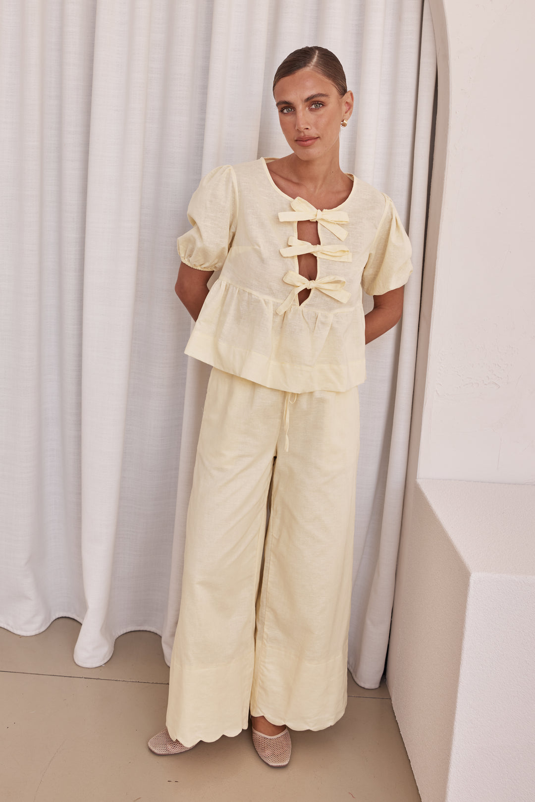 Butter Yellow Linen Bow Tie Front Top – Puff Sleeve Peplum Blouse-4