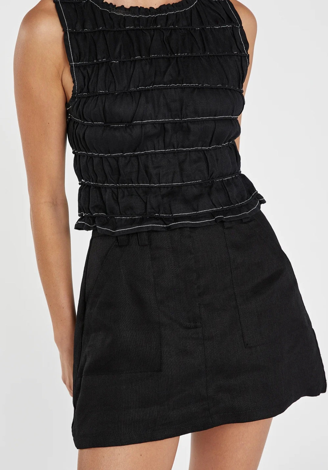Black Linen Top with Smock Design-2