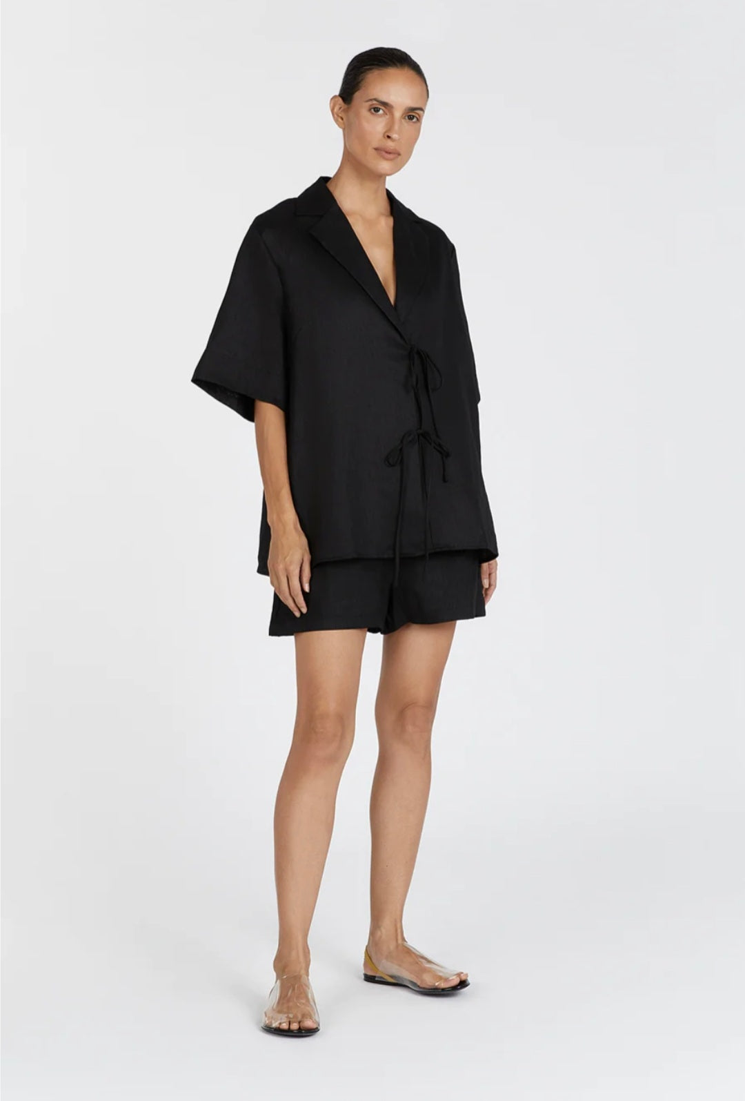 Black Linen Top with Tie-Ups-1