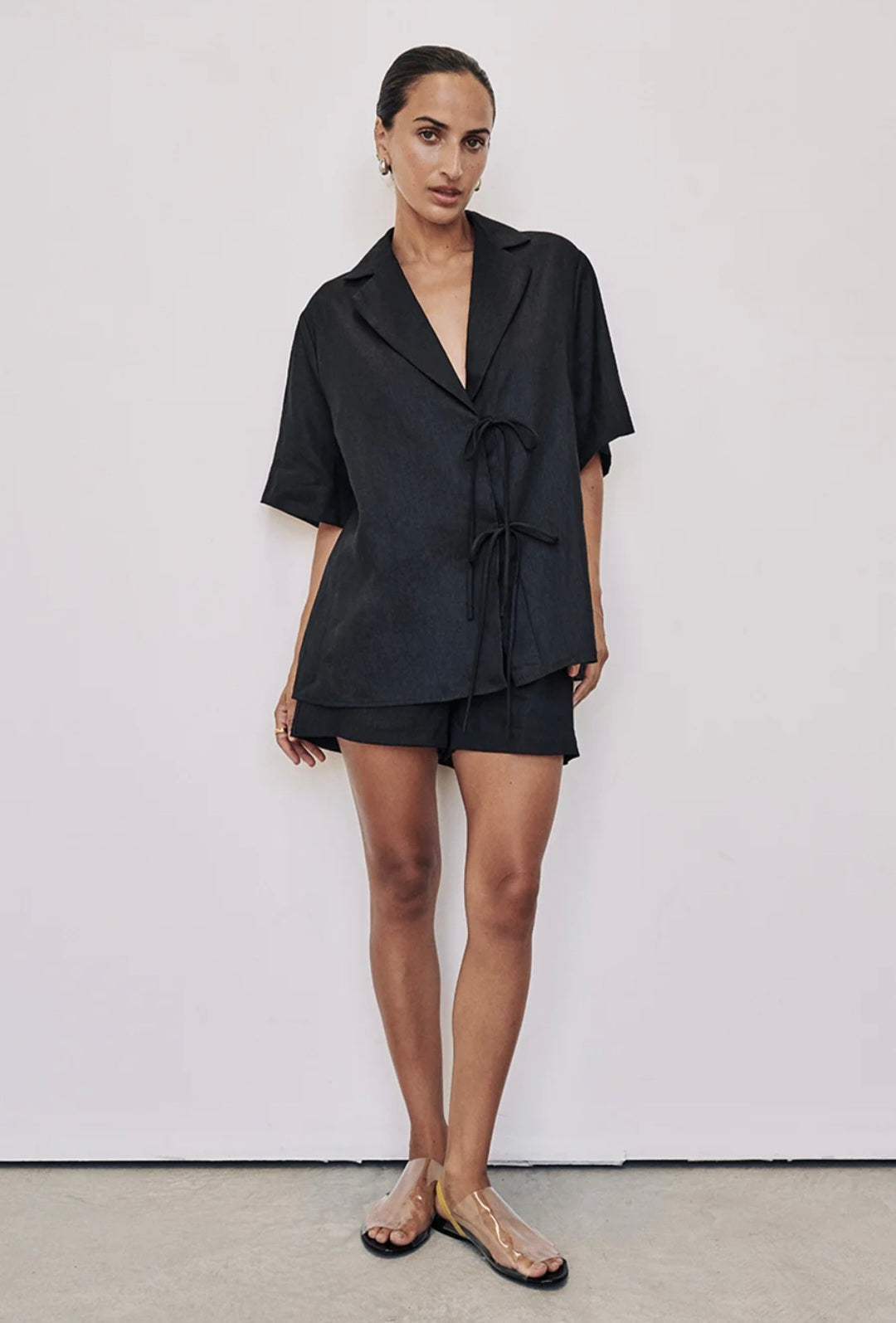 Black Linen Top with Tie-Ups-0