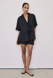 Black Linen Top with Tie-Ups-0