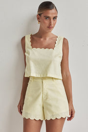 Butter Yellow Linen Crop Top – Scalloped Hem & Sleeveless Fit-0