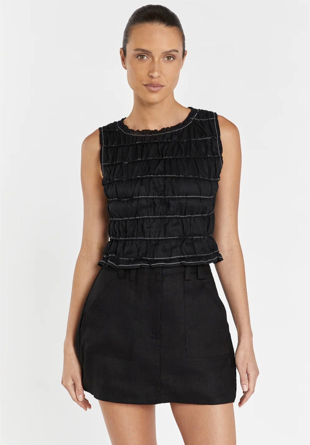 Black Linen Top with Smock Design-0