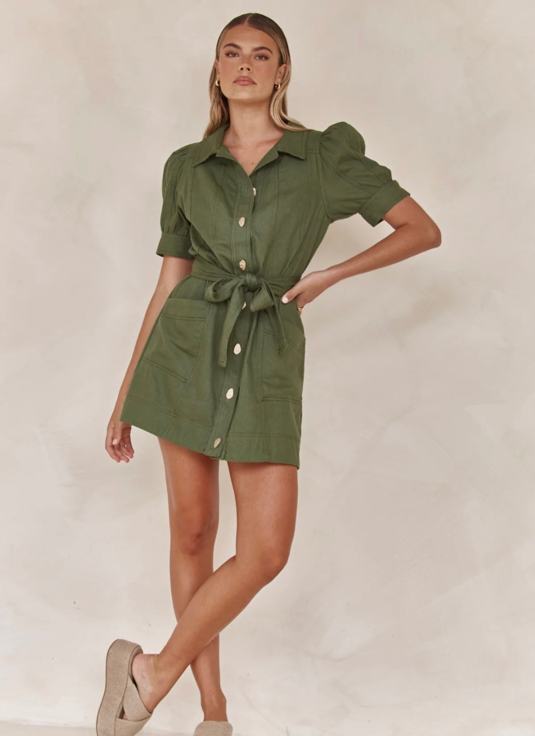 Shirt Style Linen Dress with Tie-Ups