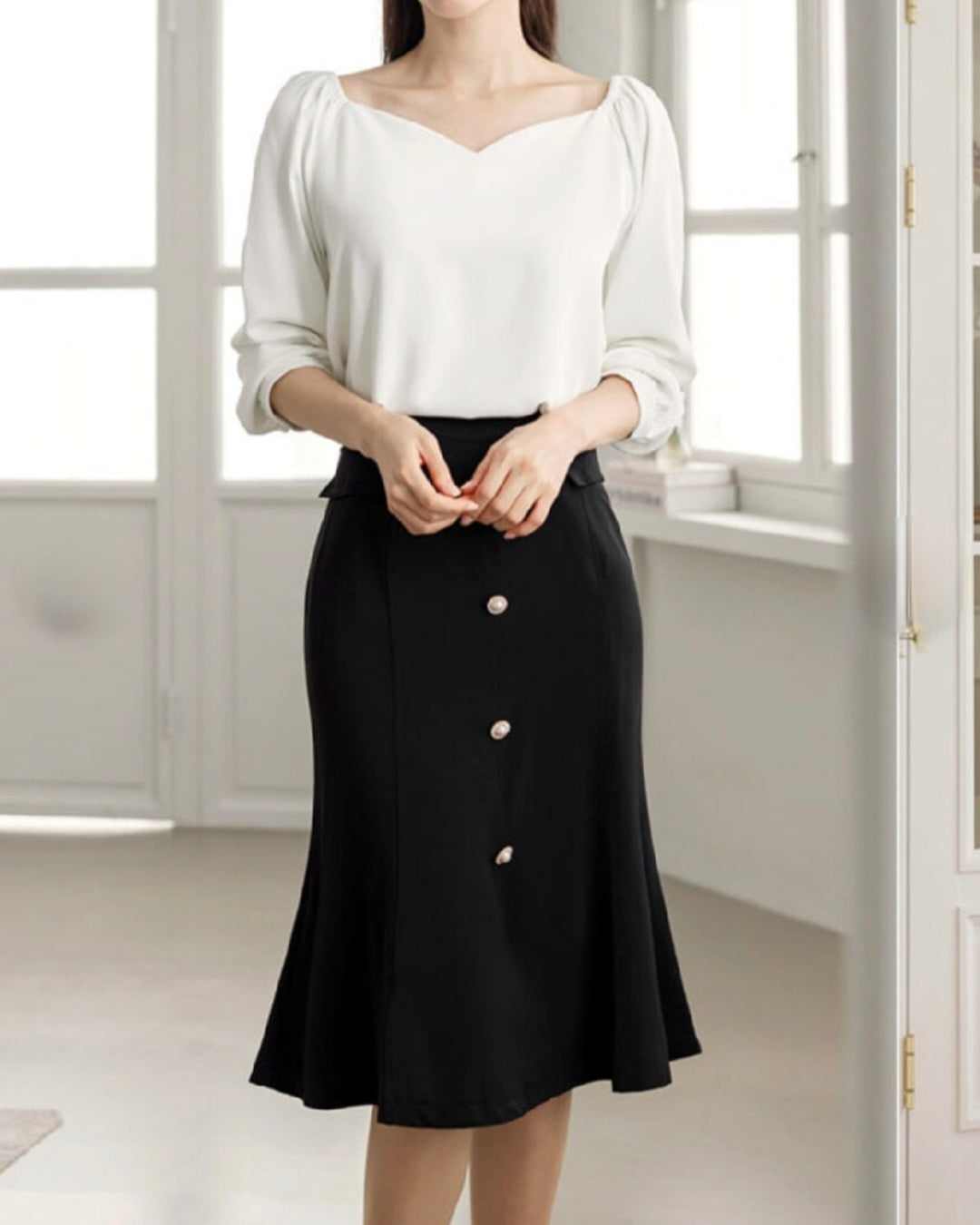 Heart-Neck Crepe Top with Long Sleeves-1