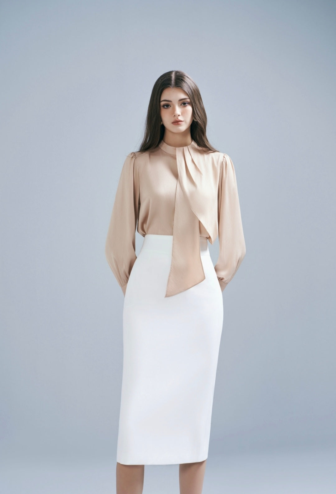 High Collared Satin Top with Tie-Up and Pearl Buttons-4