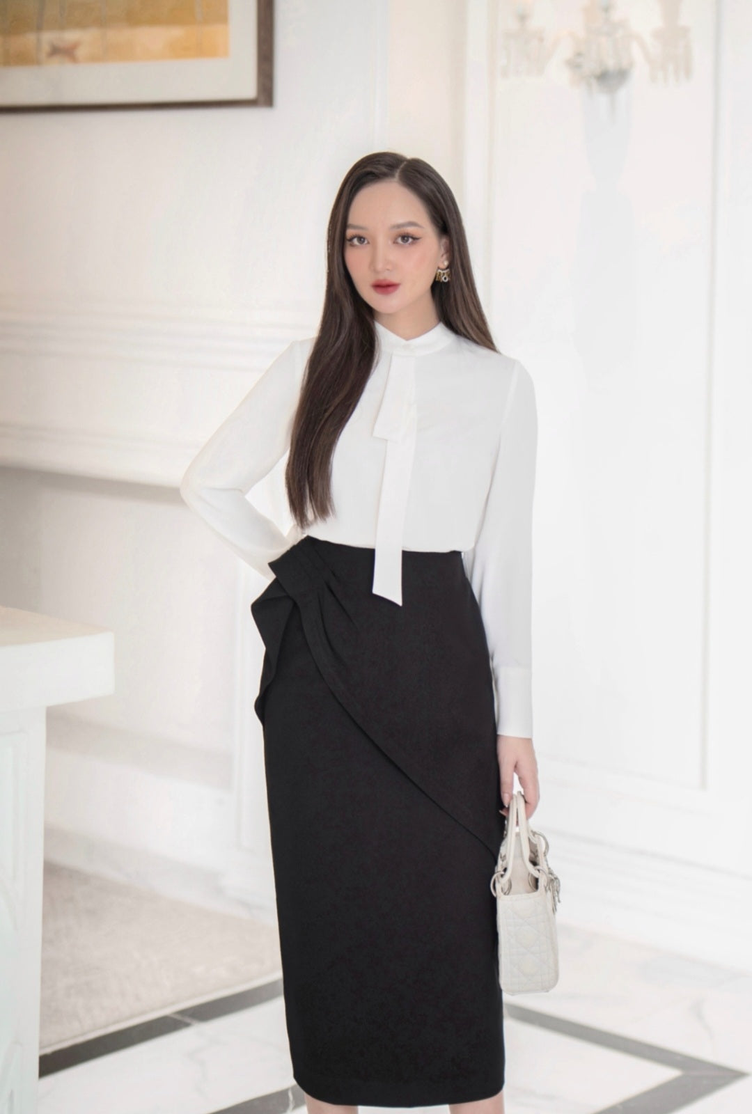 Tie-Neck Statement Blouse with Gathered Cuffs-1