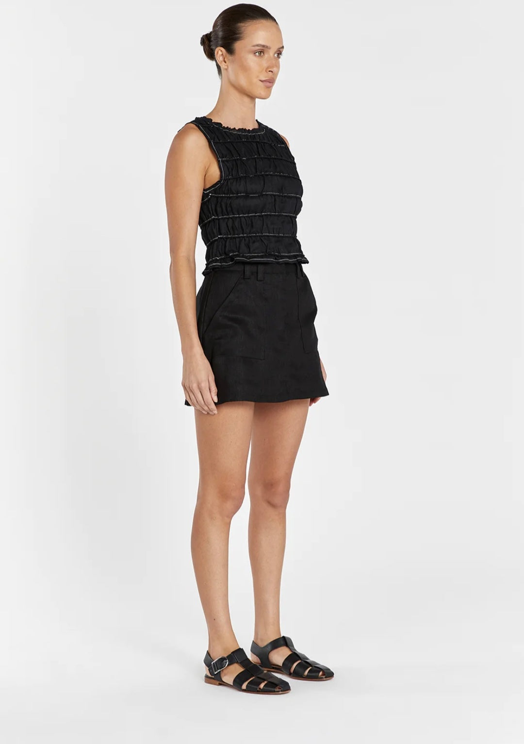 Black Linen Top with Smock Design-4