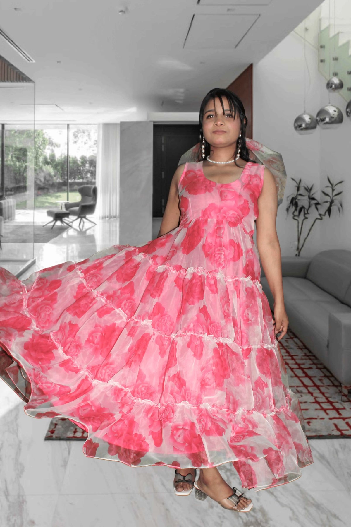 Rosy Glow Organza Flair Dress Yooneck