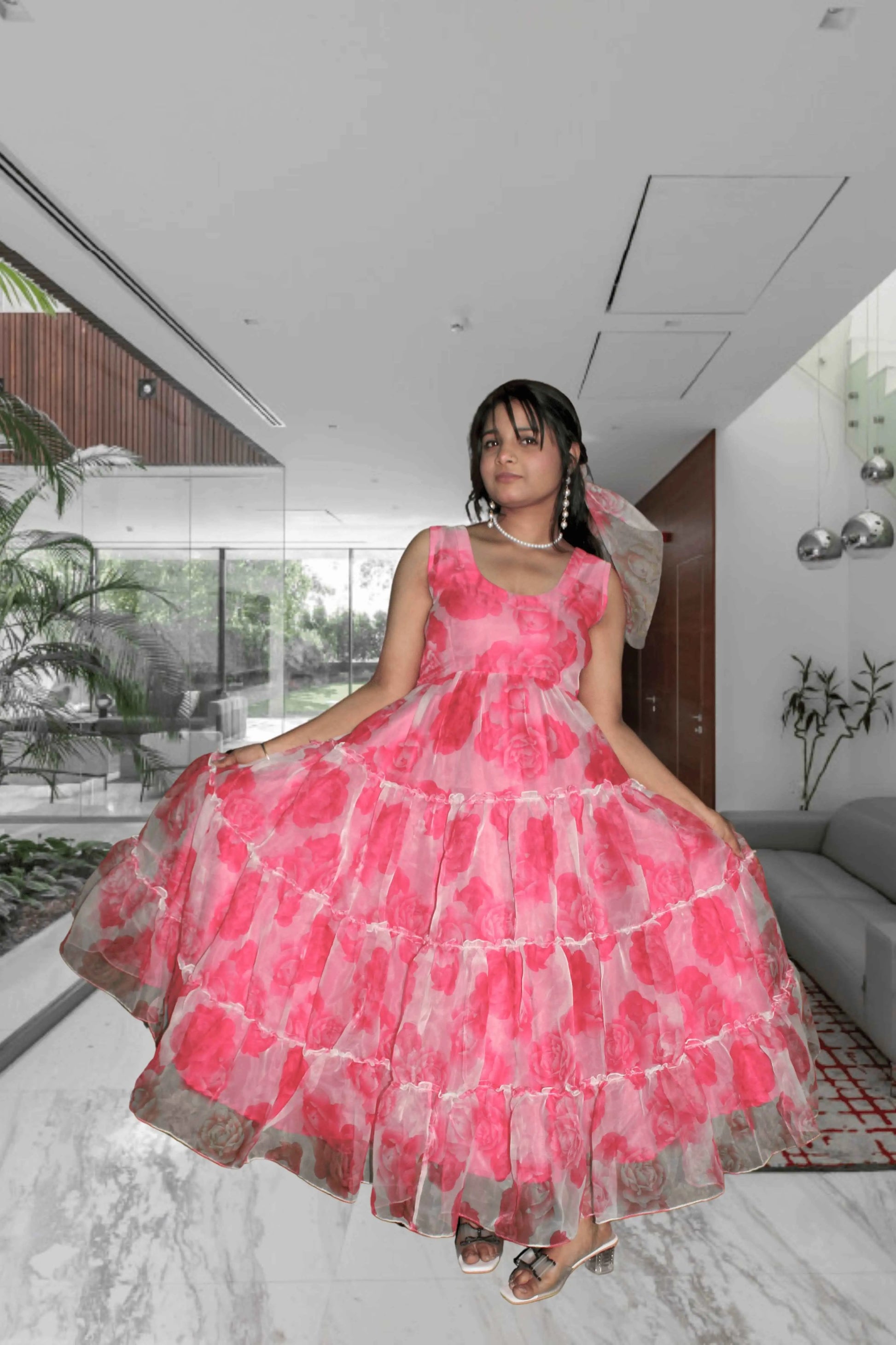 Rosy Glow Organza Flair Dress Yooneck