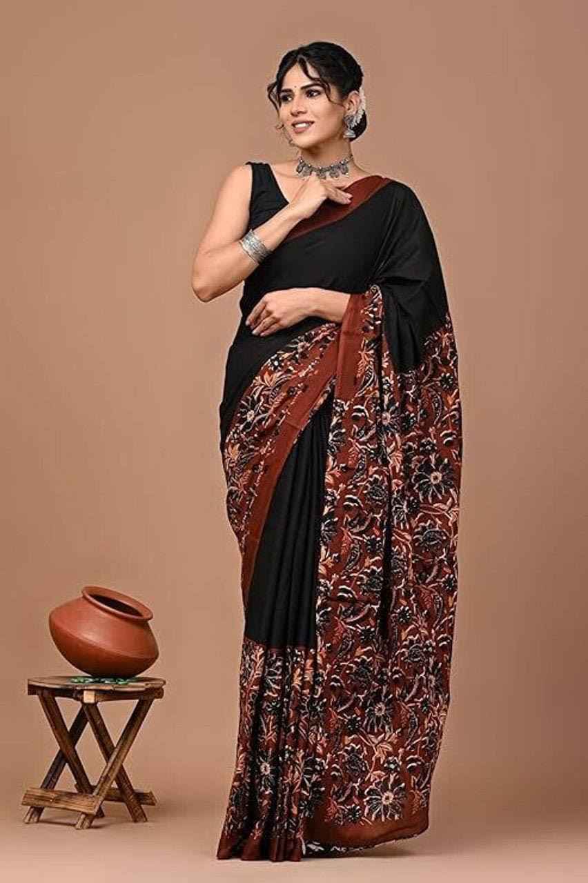 Rust Bloom Handcrafted Mulmul Cotton Saree Yooneck