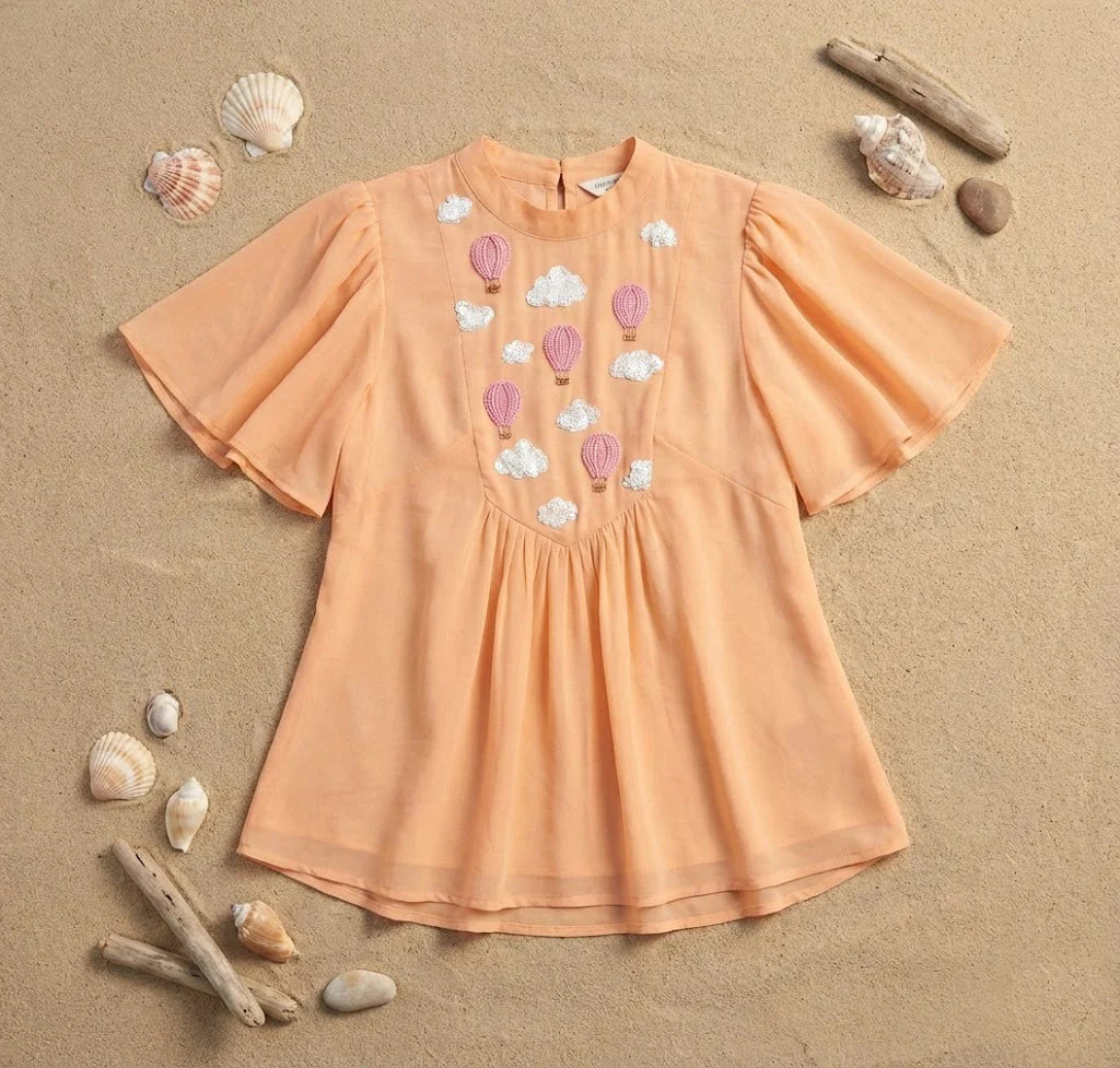 Hot Air Balloon Embroidered Frill Top in Georgette-3