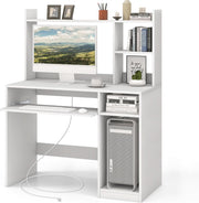 White Desk With Hutch And Charging Station For Home Office-0
