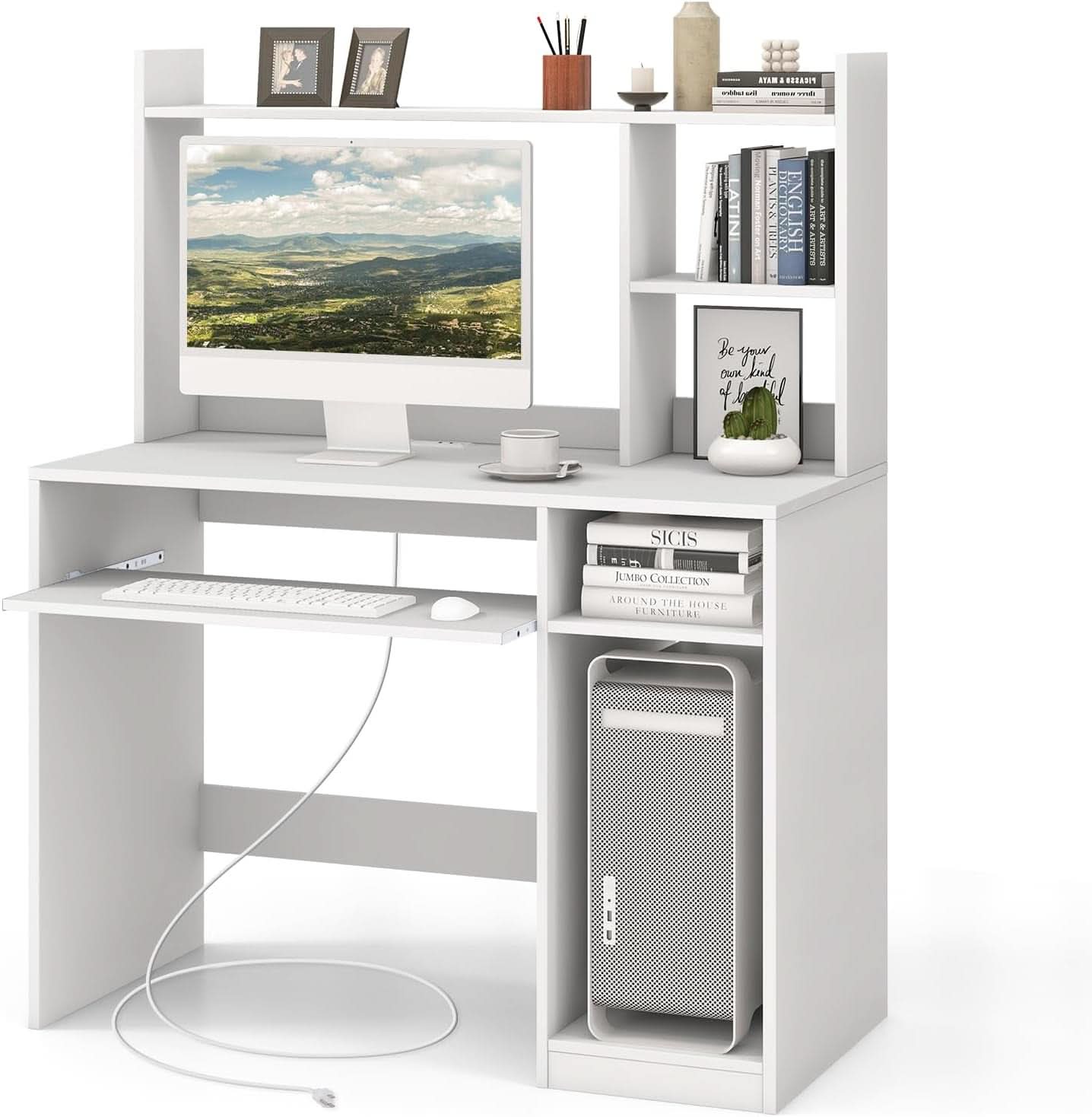 White Desk With Hutch And Charging Station For Home Office-0