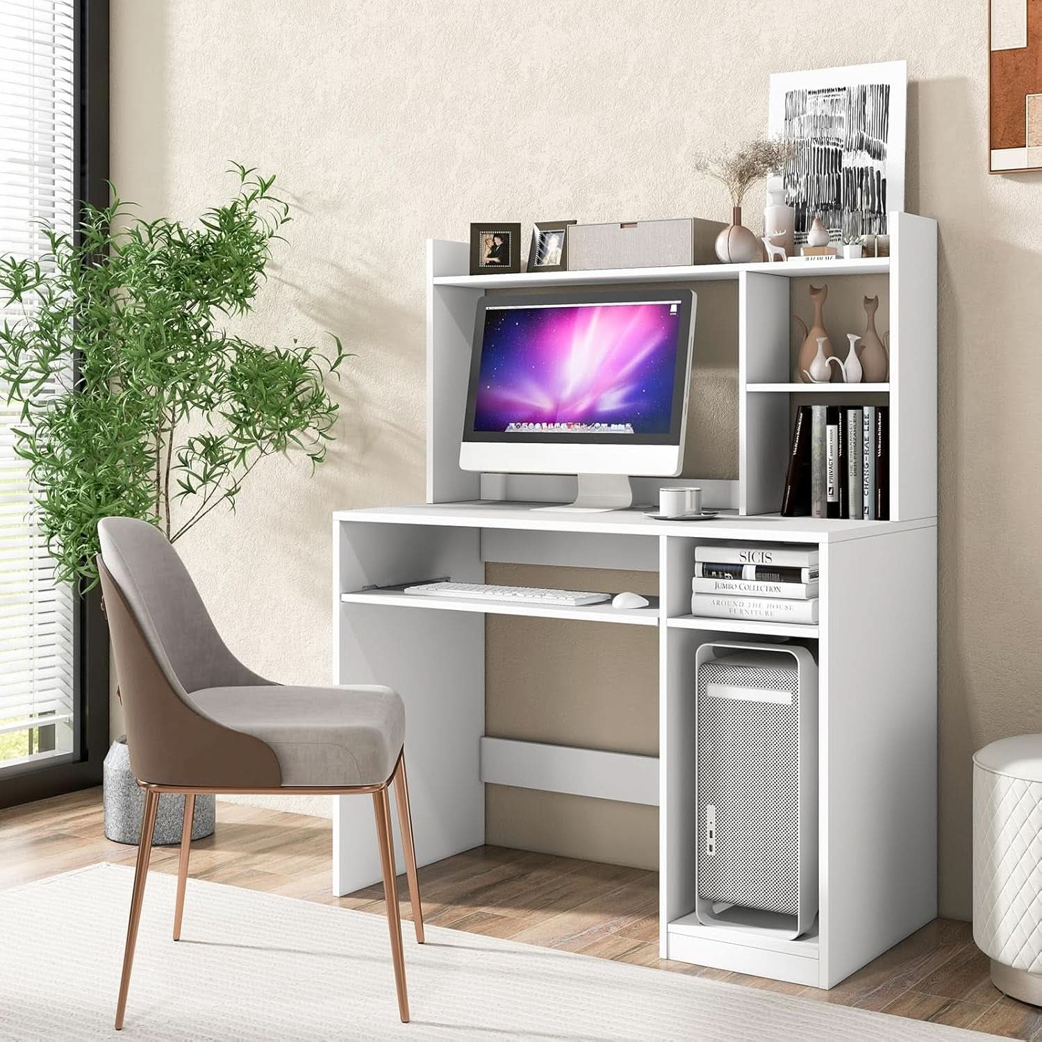 White Desk With Hutch And Charging Station For Home Office-3