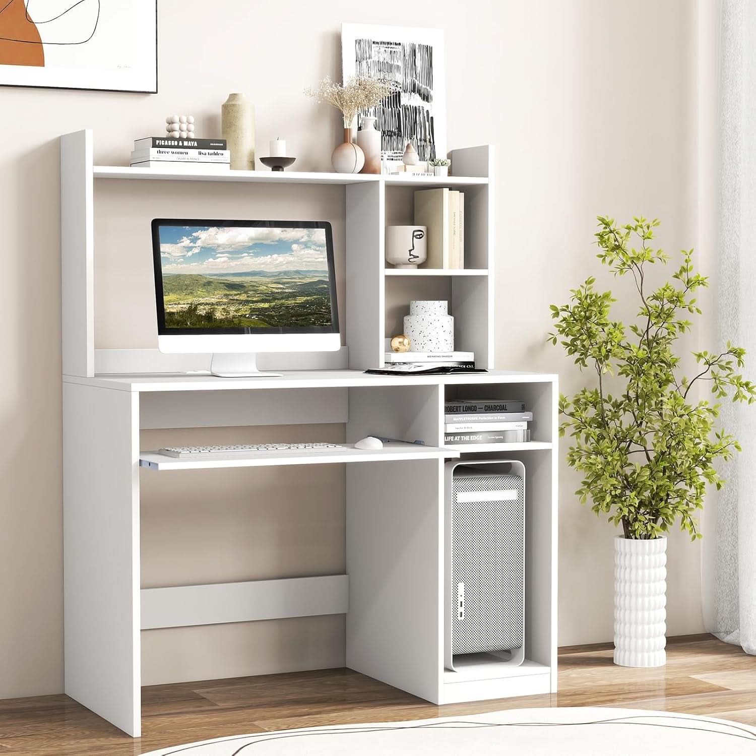 White Desk With Hutch And Charging Station For Home Office-1